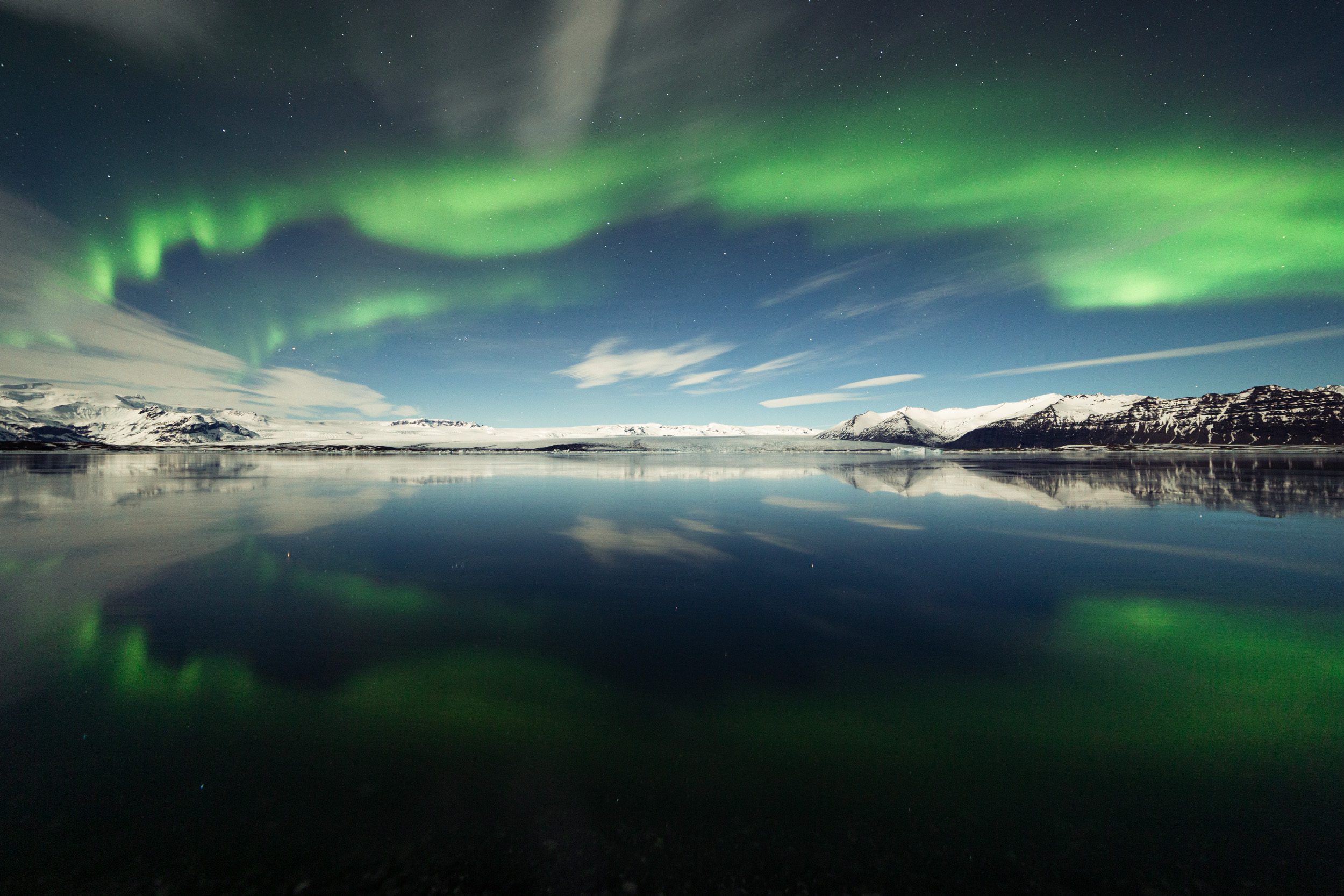 The aurora borealis above an empty ice lagoon
