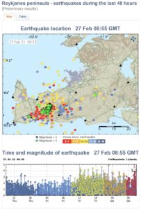 Earthquakes in Reykjanes peninsula leading up to the eruption of Fagradalsfjall in Geldingadalir in Iceland.