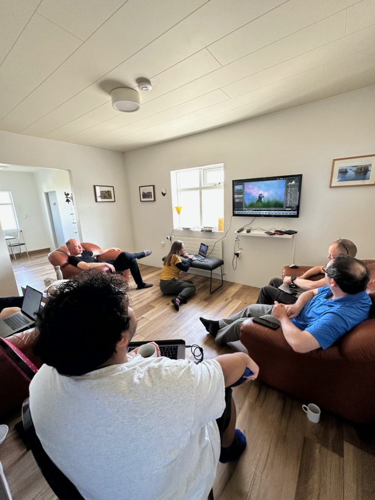 Evaluating images on a puffin photo workshop in Iceland