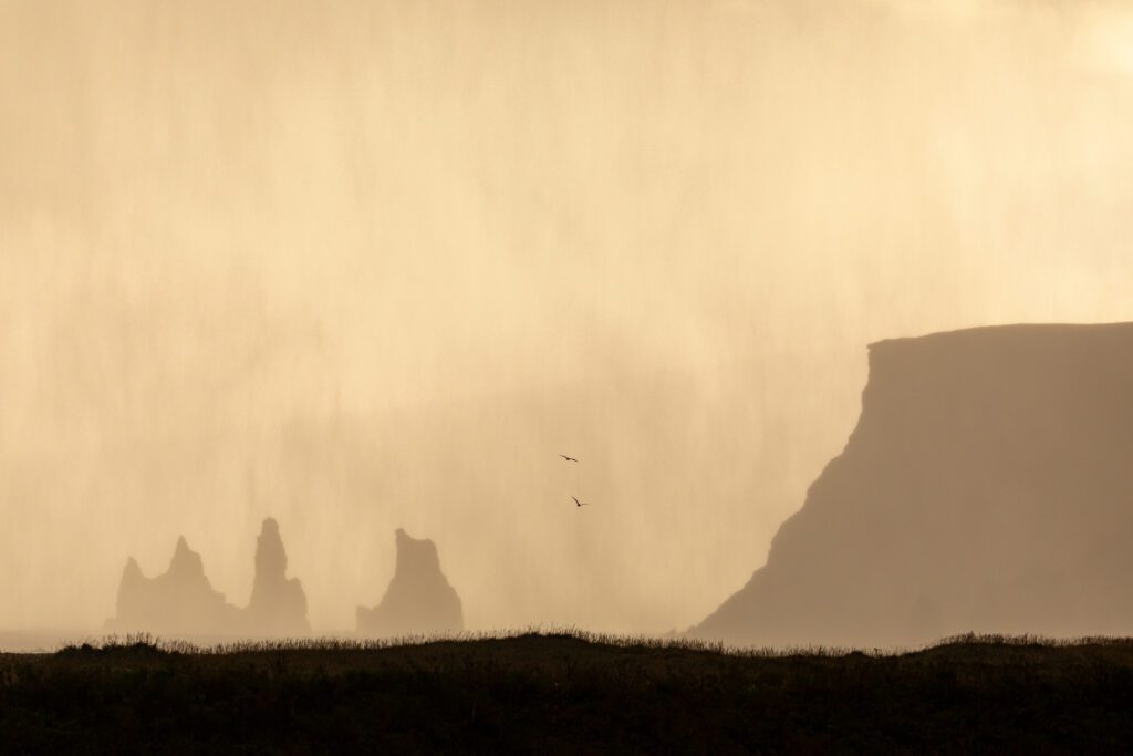 Reynisdrangar sea stacks silhouetted in golden sea spray haze with cliffs behind.