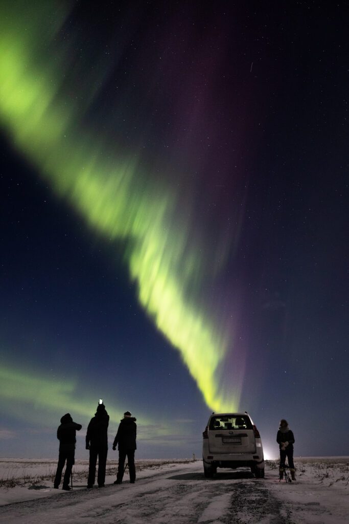 Group of photographers silhouetted under an aurora curtain beside a 4x4 on a winter road.