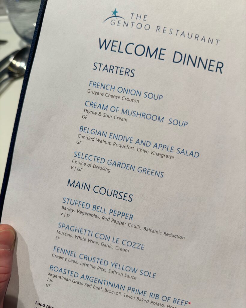 The evening dinner menu on the Sylvia Earle expedition ship.