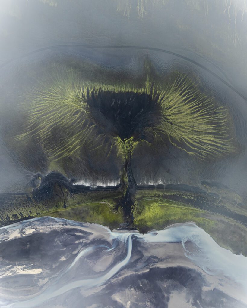 Drone view straight down on a moss-and-sand bloom feeding into a delicate braided river below.